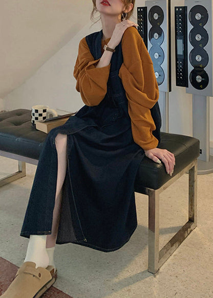 New Navy Button Tops and Waistcoat Dress Denim Two Pieces Set Spring