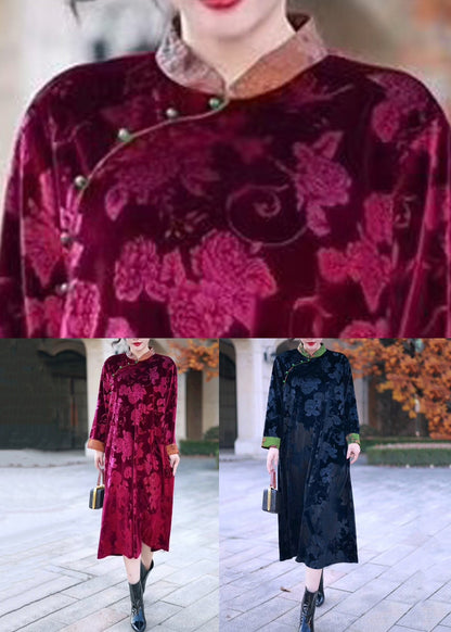 Black Stand Collar Print Silk Velour Long Dress Winter