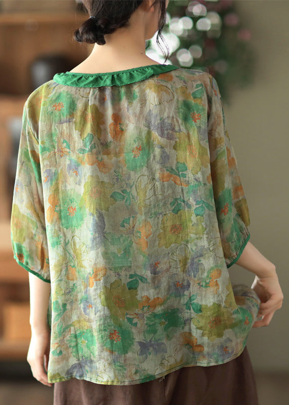 Green Ruffled Print Ramie Top Half Sleeve