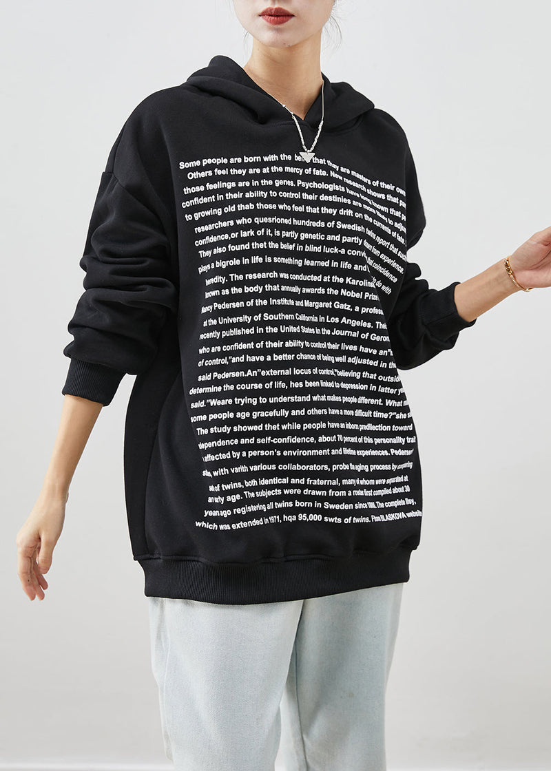 Fine Black Hooded Letter Print Cotton Sweatshirt Fall