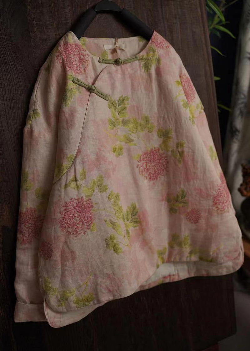 Oriental Beige O-neck Print Fine Cotton Filled Coats