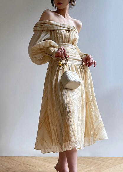 Art Beige Slash Neck Front Open Shirts and Skirts 2 Piece Outfit Lantern Sleeve