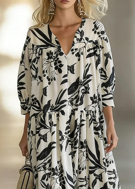 Loose Beige V Neck Print Wrinkled Cotton Long Dresses Bracelet Sleeve