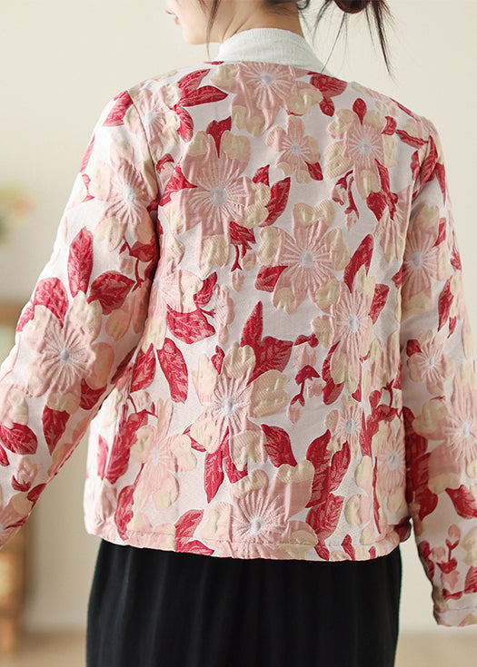 Red O Neck Print Button Pockets Thick Coats Winter