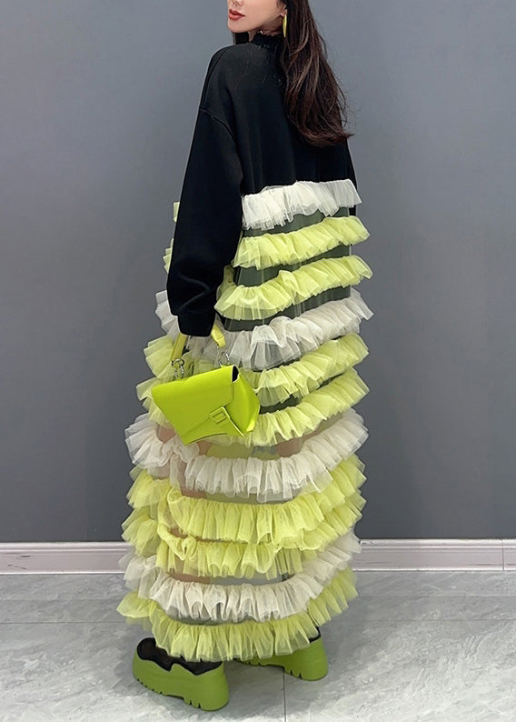 Yellow O Neck Tulle Patchwork Fluffy Dresses Long Sleeve