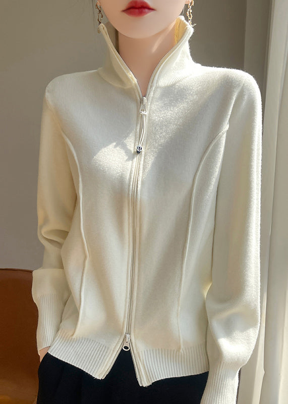 Slim Fit White Stand Collar Zip Up Knit Coats Fall