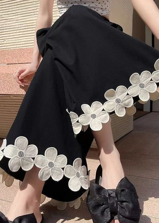 Original Design Black Patchwork Cotton Wide Leg Pants Summer