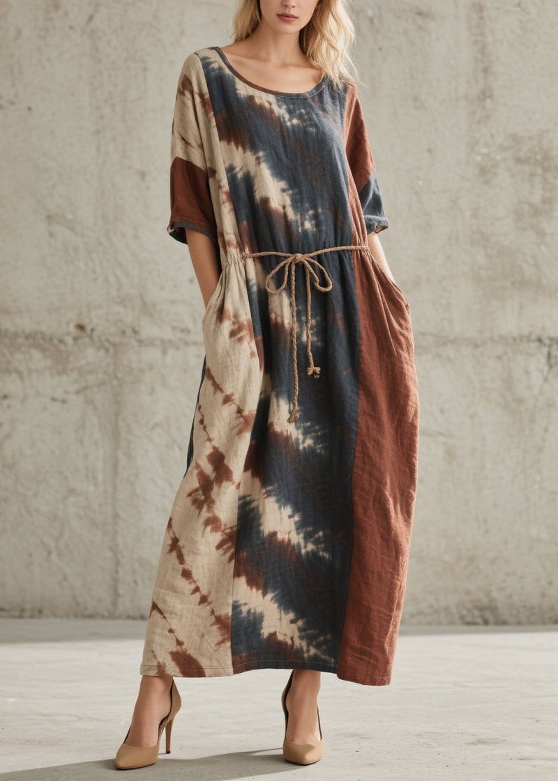 O Neck Tie Dye Lace Up Pockets Cotton Dresses Summer