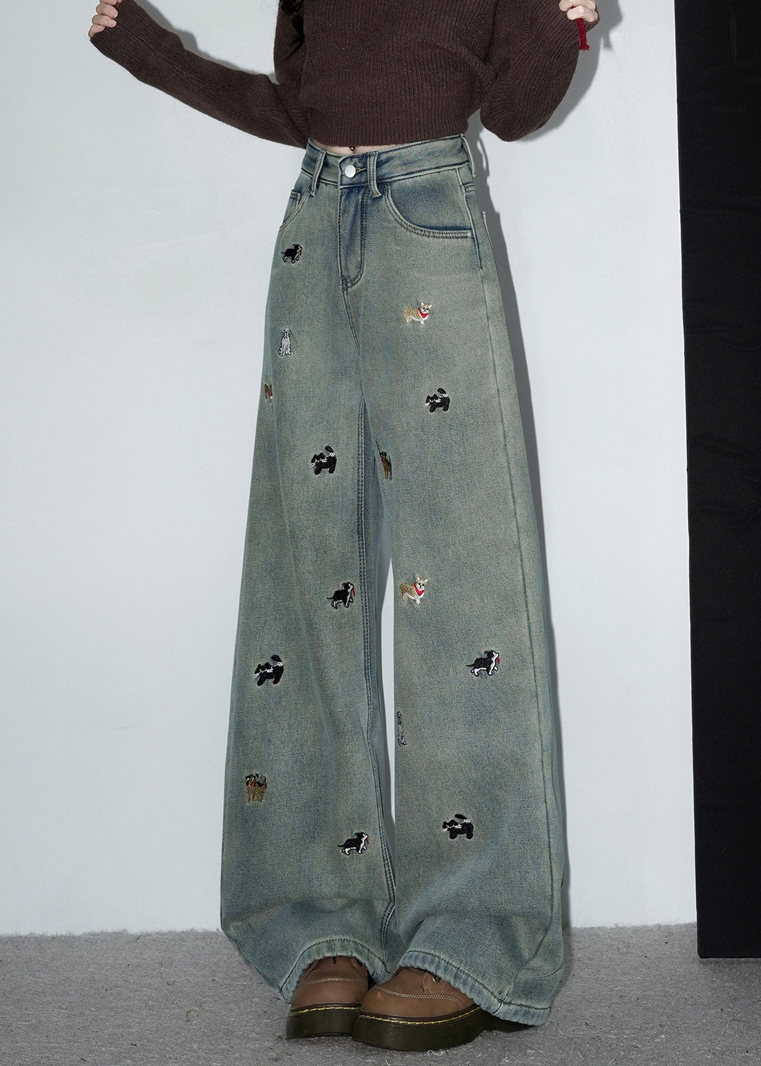 Denim Blue Embroidered Pockets Warm Fleece Pants