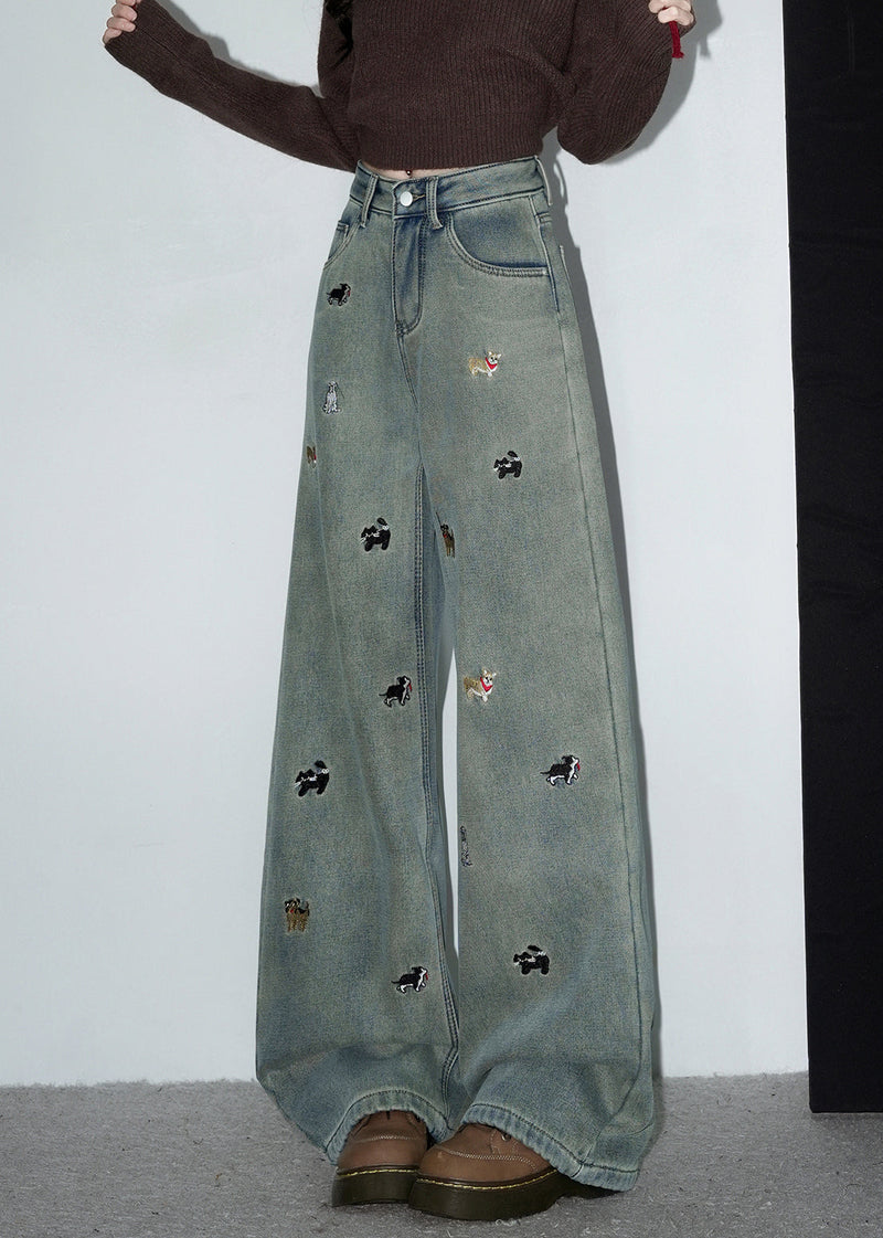 Denim Blue Embroidered Pockets Warm Fleece Pants
