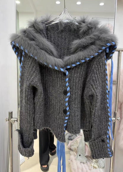 Dark Gray Fur Collar Button Cozy Knit Coat Fall