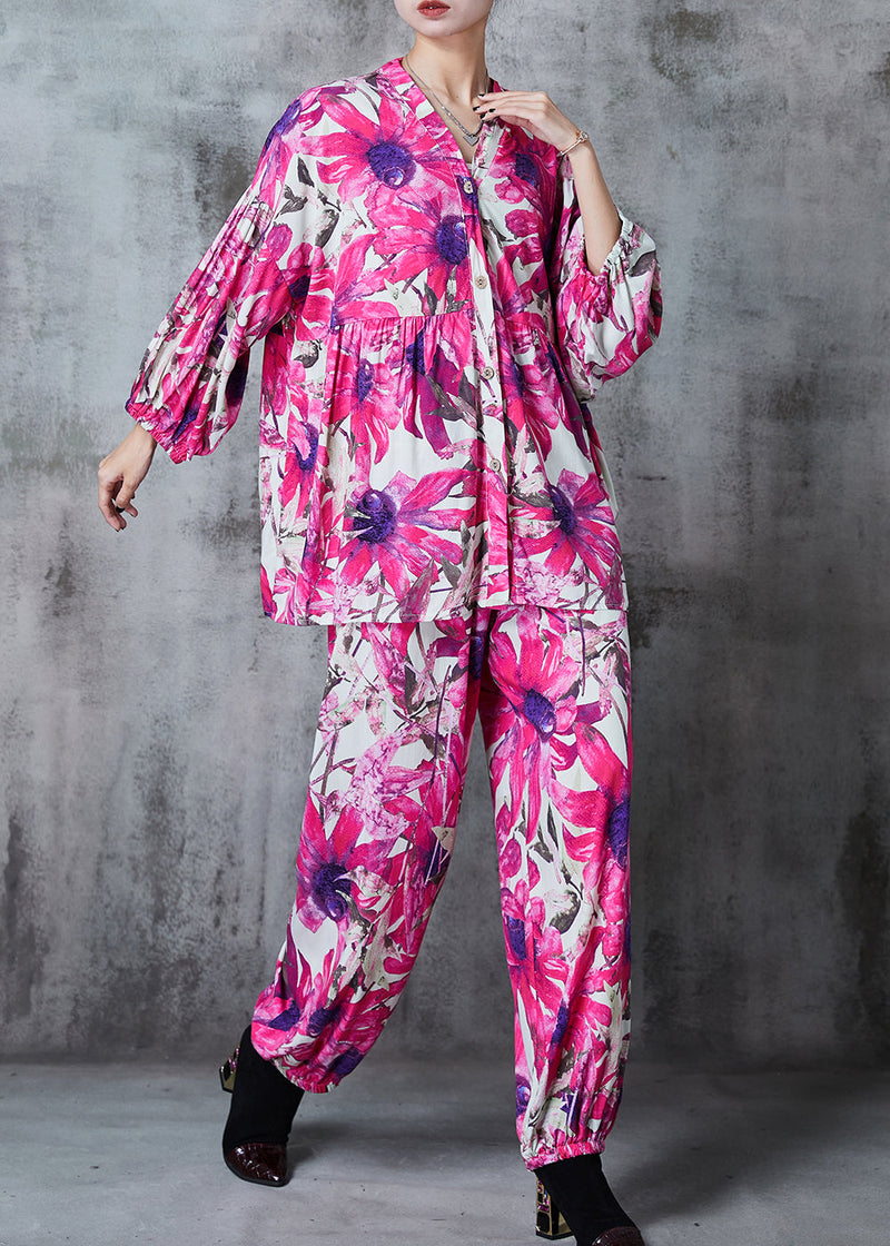 Rose Oversized Print Cotton Two Pieces Set Summer