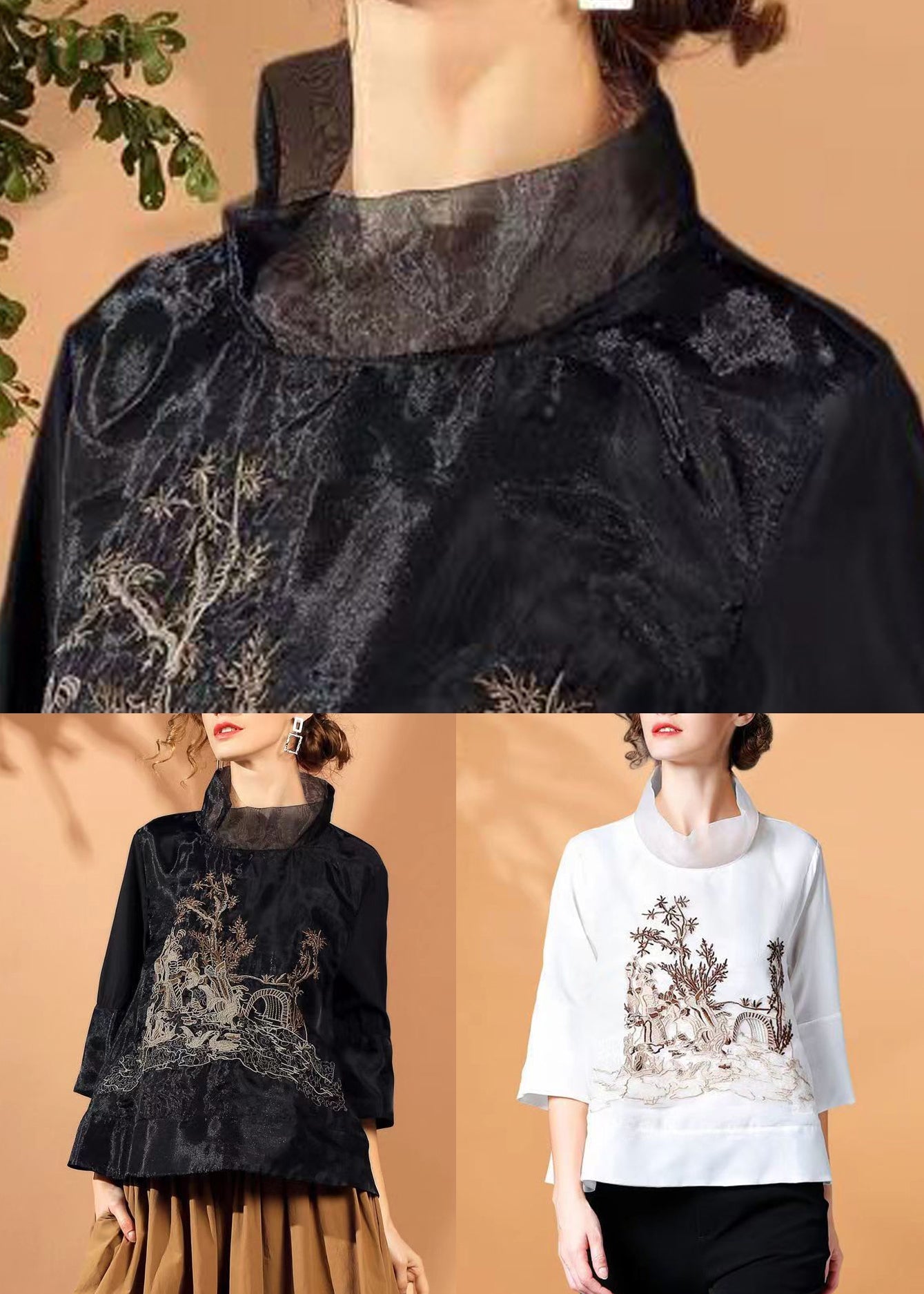 White Stand Collar Embroidered Silk Shirt Spring