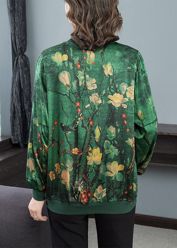 Green O-neck Print Zip Up Silk Coats Long Sleeve