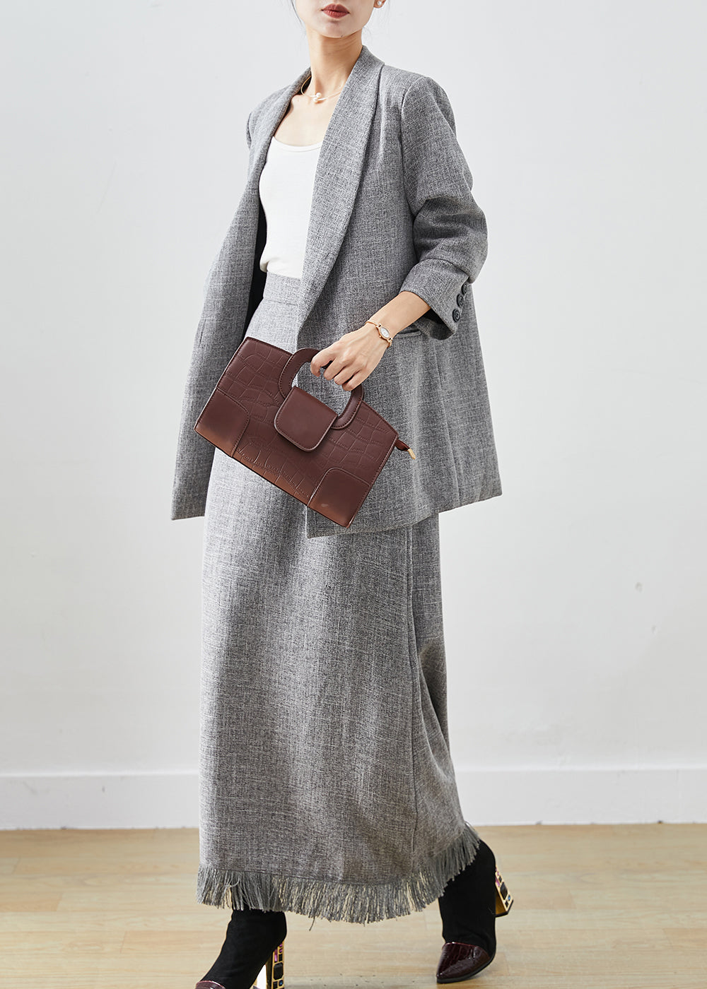 Grey Tasseled Linen Sets 2 Pieces Winter