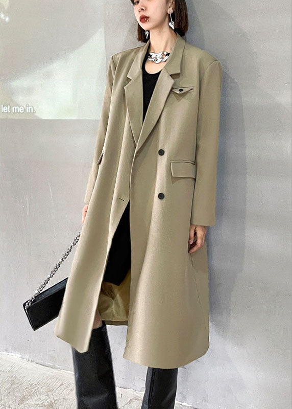 Simple Khaki Peterpan Collar Pockets Button Fall Long Sleeve Coat