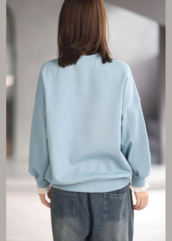 Comfy Blue O-neck Print Fall Sweatshirt