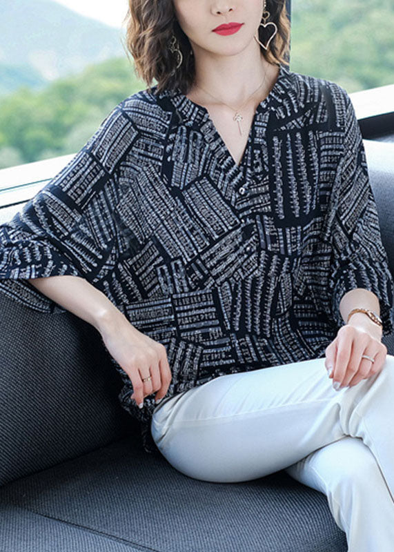Black V Neck Print Chiffon Shirt Top Bracelet Sleeve
