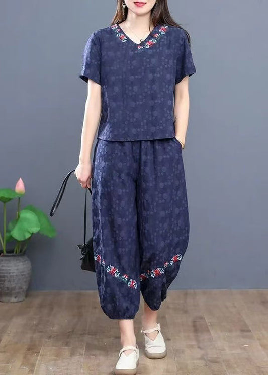 Navy Embroidered Cotton Two Pieces Set Summer