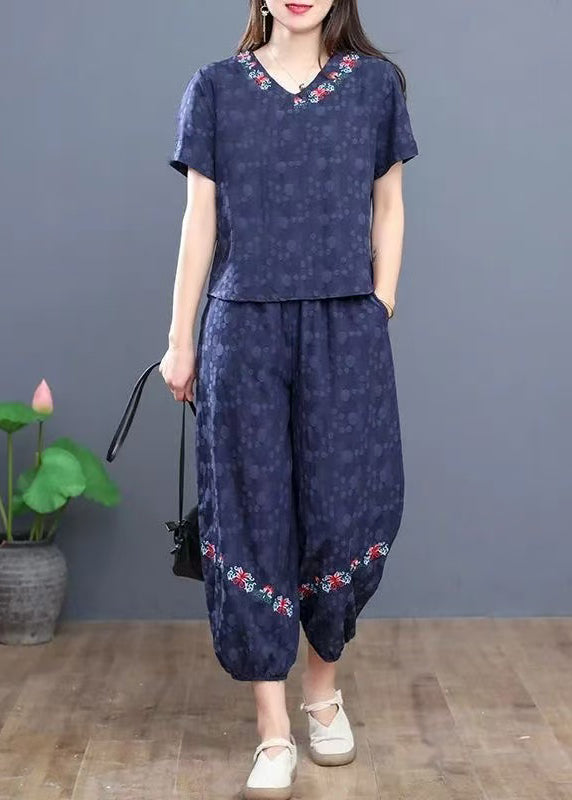 Navy Embroidered Cotton Two Pieces Set Summer