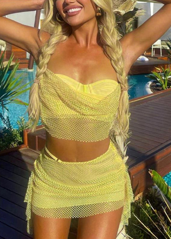 Yellow Backless Cotton Two Piece Set Outfits Summer