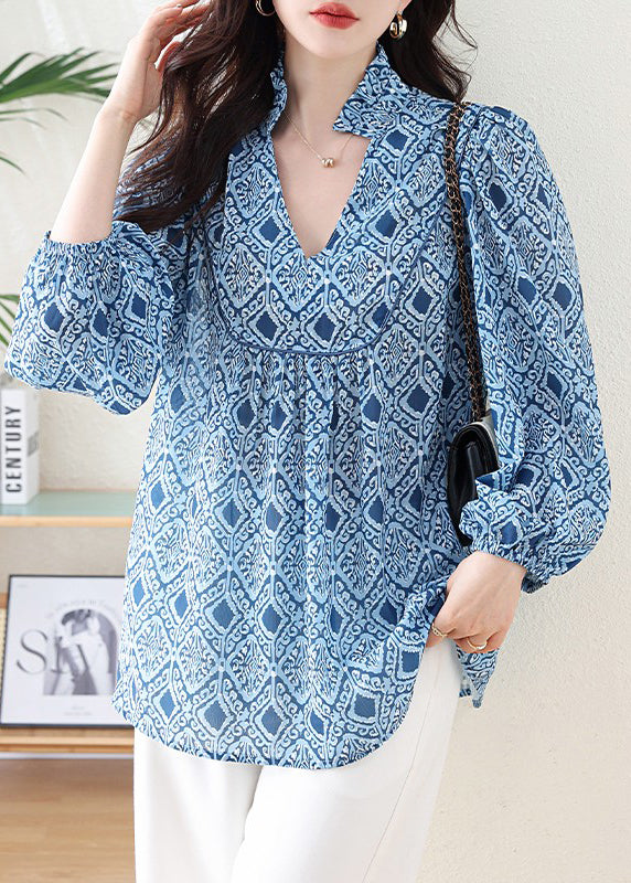 Blue V Neck Geometric Print Chiffon Blouse Top Lantern Sleeve