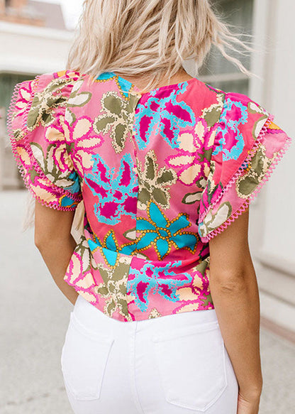 Style Green O-neck Ruffled Print T Shirt Summer