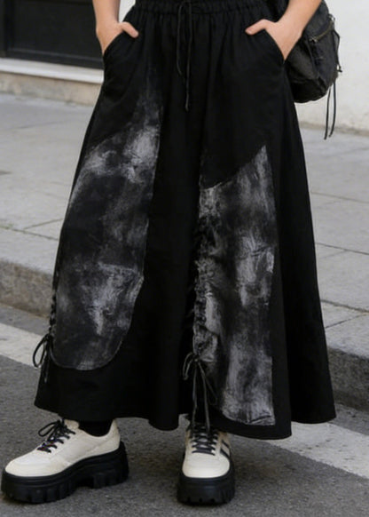 Black Pockets Print Drawstring Cotton Skirt Summer