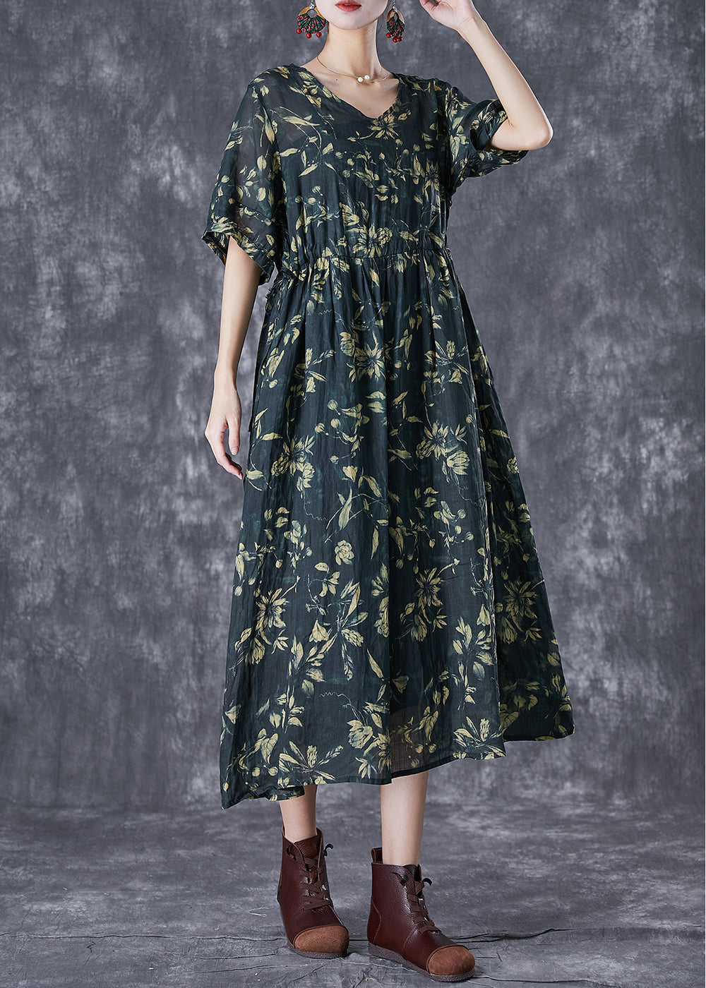 Blackish Green Cinched Print Linen Maxi Dress Summer
