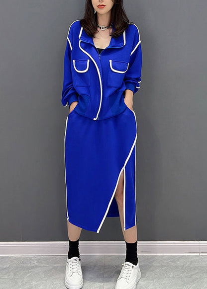 Blue Patchwork Cotton Two Pieces Set Asymmetrical Design Fall