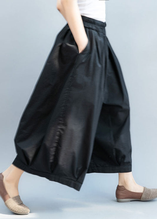 Black Cinched Pockets Cotton Lantern Pants Spring