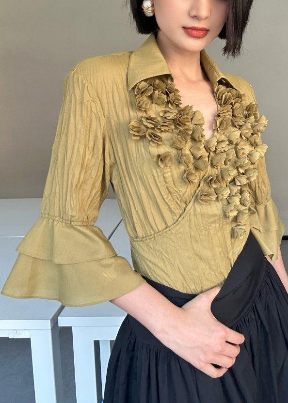 Yellow Peter Pan Collar Wrinkled Cotton Shirts Bracelet Sleeve