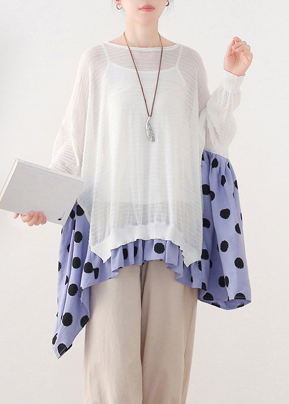 White O-neck Dot Patchwork Cotton Knit Tops Batwing Sleeve