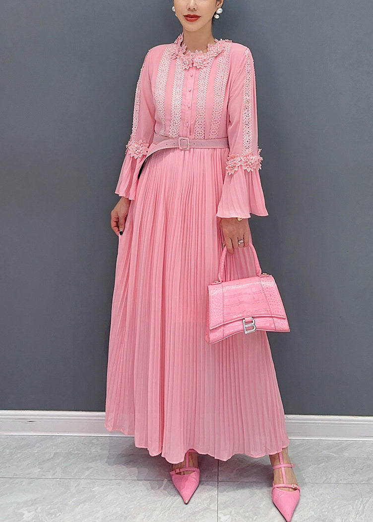 Pink Wrinkled Lace Patchwork Maxi Dress Flare Sleeve