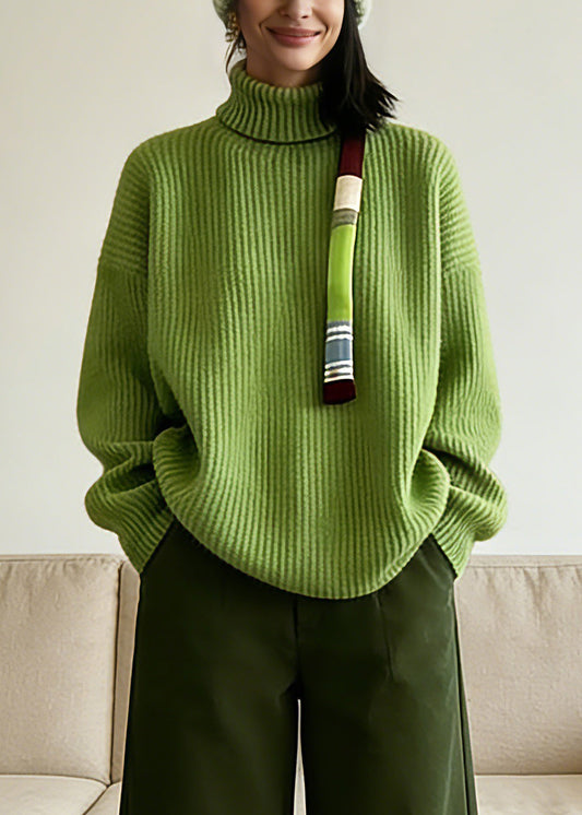 Vogue Green Turtleneck Cotton Knit Sweaters and Crop Pants Two-piece Set Spring