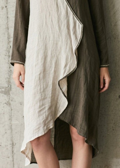 French Army Green Asymmetrical Patchwork Cotton Dress Spring