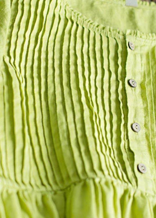 Classy Grass Green Cinched Button Summer Linen Dress