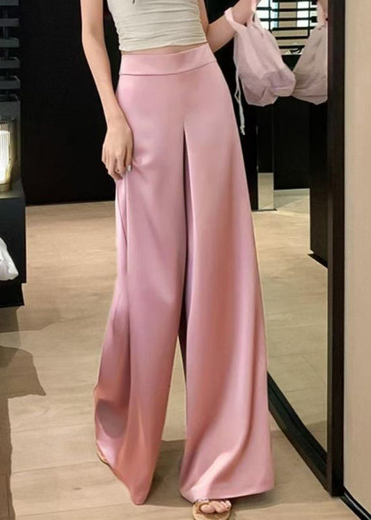 Pink High Waist Silk Wide Leg Pants Summer
