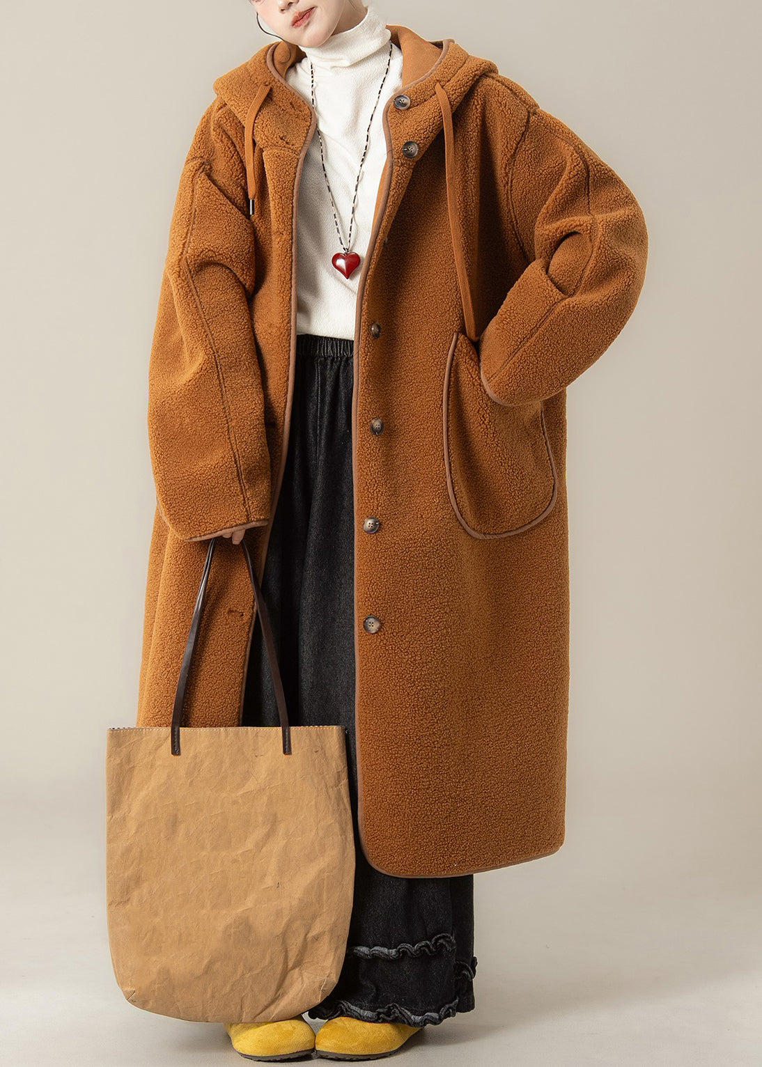 Orange Hooded Button Pockets Teddy Faux Fur Coats Winter