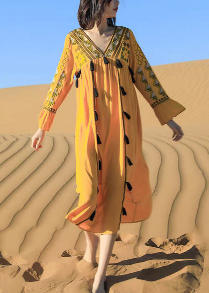 Yellow Embroidered Tasseled Patchwork Cotton Dress Fall