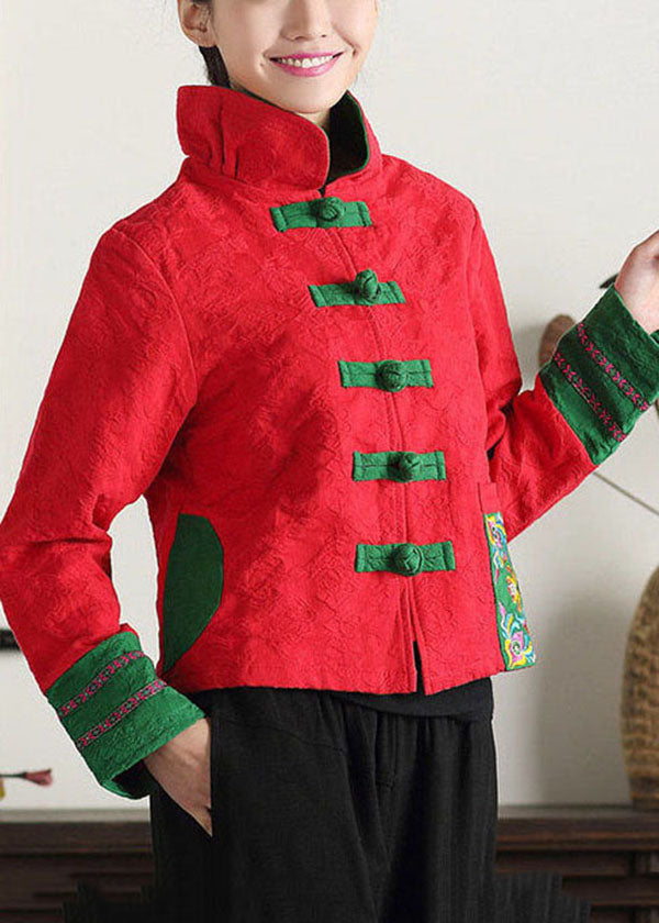 Unique Green Stand Collar Print Patchwork Cotton Chinese Style Coats Spring