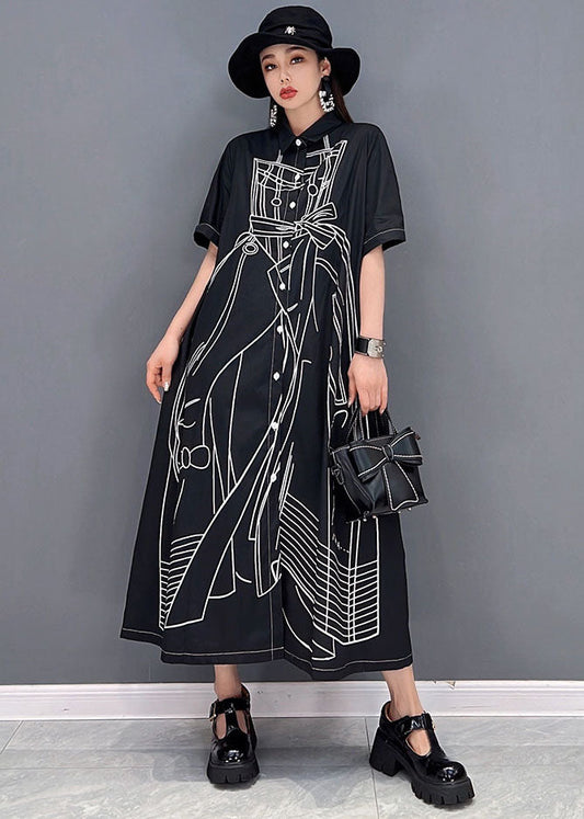 Black Peter Pan Collar Print Cotton Linen Shirt Dress Short Sleeve