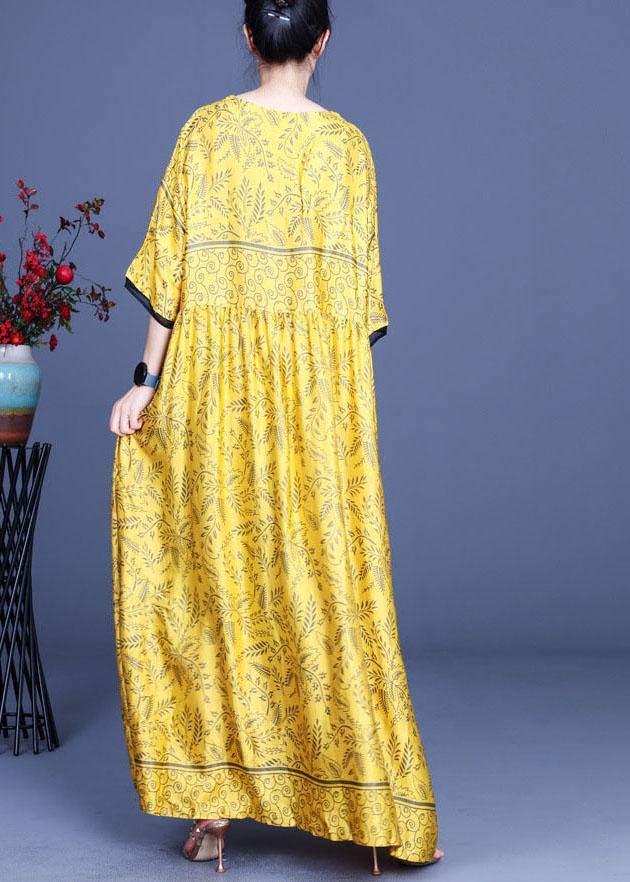 Art Yellow Print Silk Loose Long Dresses Summer