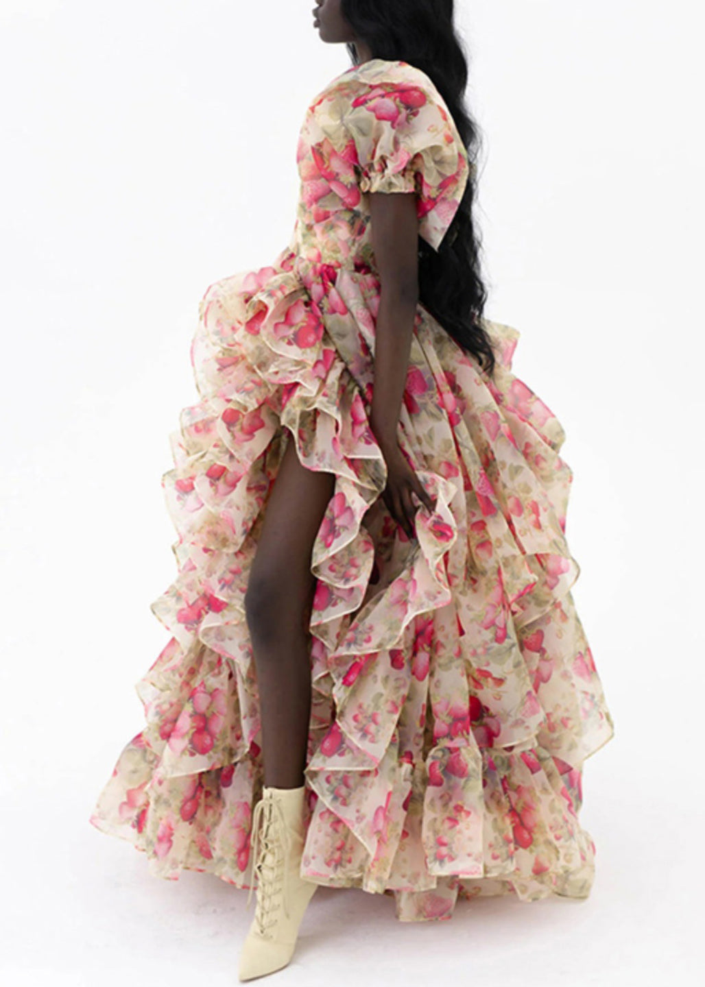 Print Ruffled High Waist Chiffon Maxi Dresses Puff Sleeve