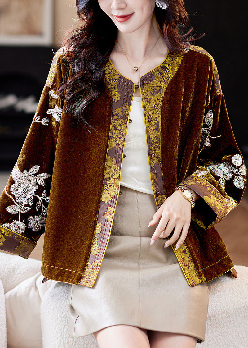 Jacquard Coffee Button Sequins Patchwork Silk Velvet Coats Spring