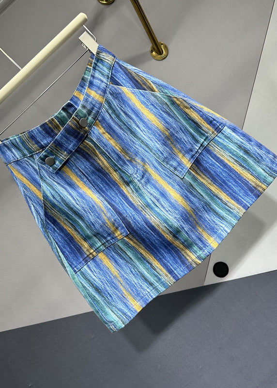 Blue Striped Asymmetrical Pockets Patchwork Denim Skirts Summer