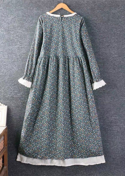 French Blue Print Side Open Lace Up Cotton Dress Long Sleeve