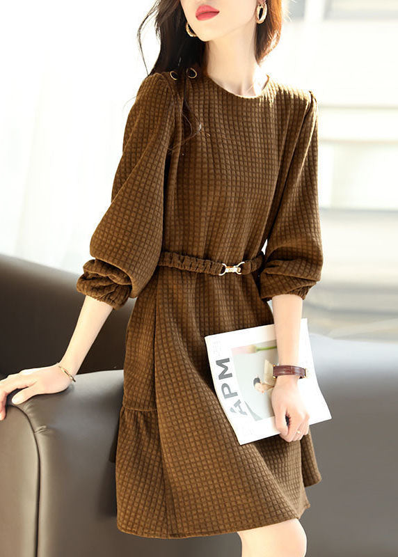 French Chocolate O-neck Plaid Color Sashes Cotton Holiday Dress Long Sleeve