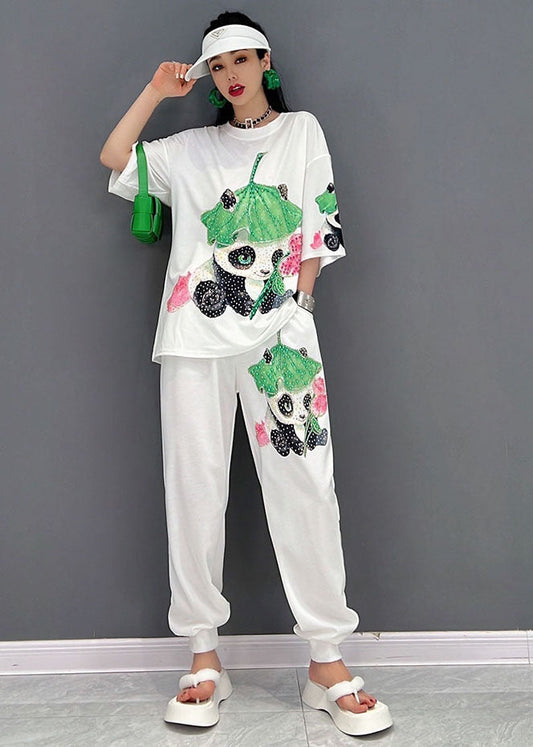 White O-neck Panda Print Cotton Two Piece Set Clothing Summer