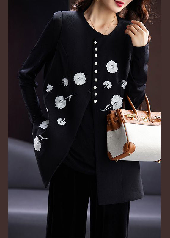 Black O-neck Embroideried Button Cotton Waistcoat Sleeveless